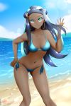  1girl alfred_cullado banned_artist beach bikini blue_bikini blue_eyes blue_hair blue_sky breasts cleavage closed_mouth cloud collarbone dark_skin day earrings floating_hair hair_ornament halterneck highres jewelry long_hair looking_at_viewer medium_breasts multicolored_hair navel ocean outdoors pokemon pokemon_(game) pokemon_swsh rurina_(pokemon) shiny shiny_hair shiny_skin side-tie_bikini sky smile solo standing swimsuit two-tone_hair very_long_hair 