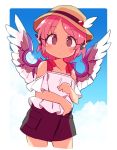  1girl animal_ears black_skirt blue_background blush border brown_headwear bucket_hat casual cloud commentary_request contemporary cowboy_shot cropped_legs day feathered_wings hat ini_(inunabe00) looking_at_viewer mystia_lorelei off-shoulder_shirt off_shoulder outdoors pink_hair shirt short_hair skirt solo touhou white_border white_shirt winged_hat wings 
