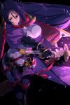  1girl armor bangs black_gloves bodysuit breasts cis05 closed_mouth elbow_gloves fate/grand_order fate_(series) fingerless_gloves gloves japanese_armor katana kote large_breasts long_hair looking_at_viewer minamoto_no_raikou_(fate/grand_order) parted_bangs pelvic_curtain purple_bodysuit purple_eyes purple_hair ribbed_sleeves rope sword tassel very_long_hair weapon 