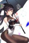  1girl absurdres azur_lane bare_shoulders black_hair breasts cleavage commentary_request elbow_gloves eyebrows_visible_through_hair fingerless_gloves gallant99770 gloves hair_between_eyes highres holding leotard long_hair looking_at_viewer medium_breasts orange_eyes pantyhose ponytail simple_background solo takao_(azur_lane) white_background 