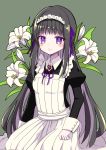  1girl absurdres akemi_homura alternate_costume apron bangs black_hair black_shirt blush closed_mouth collared_shirt enmaided flower green_background hair_ribbon highres kneeling long_hair long_sleeves mahou_shoujo_madoka_magica maid maid_headdress nanahosiryuuki neck_ribbon purple_eyes purple_ribbon ribbon shiny shiny_hair shirt solo very_long_hair white_apron white_flower wing_collar 