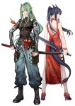  2girls alternate_costume arknights back_cutout bangs bare_shoulders belt black_footwear blue_hair blue_pants boots breasts cargo_pants ch&#039;en_(arknights) china_dress chinese_clothes dragon_horns dragon_tail dress facial_scar green_hair grin hair_between_eyes high_heels holding holding_sword holding_weapon horns hoshiguma_(arknights) iceky large_breasts long_hair looking_at_viewer multiple_girls oni_horns oni_mask pants ponytail red_eyes red_footwear scar scar_on_cheek shirt shorts sidelocks single_horn smile sword tail tail_cutout thighs weapon 