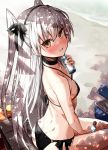  1girl amatsukaze_(kantai_collection) ass bikini black_bikini bottle breasts brown_eyes choker commentary_request dappled_swimsuit from_behind hair_tubes hat highres kantai_collection long_hair looking_at_viewer mini_hat open_mouth ramune sand silver_hair sitting small_breasts smokestack_hair_ornament solo swimsuit takanashi_kei_(hitsujikan) two_side_up wariza windsock 