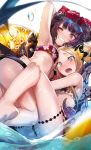  2girls abigail_williams_(fate/grand_order) akieda armpits ass bangs bare_shoulders bikini blonde_hair blue_eyes blunt_bangs blush breasts cleavage commentary_request crying crying_with_eyes_open eyebrows_visible_through_hair eyewear_on_head fate/grand_order fate_(series) highres katsushika_hokusai_(fate/grand_order) midriff multiple_girls one_eye_closed open_mouth simple_background sleeveless small_breasts strapless sunglasses swimsuit tears teeth tentacles tongue tubetop underboob water white_background 