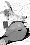  1girl ? animal_ears ass assisted_exposure boku_no_hero_academia bunny_ears bunny_tail dark_skin ettone greyscale highres looking_back mirko monochrome nintendo_switch no_panties open_mouth school_uniform simple_background skirt skirt_lift tail text_focus translation_request white_background 