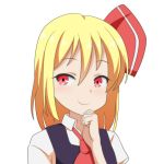  1girl ascot bangs black_vest blonde_hair cato_(monocatienus) commentary eyebrows_visible_through_hair face hair_between_eyes hair_ribbon hand_on_own_chin looking_at_viewer medium_hair portrait red_eyes red_neckwear red_ribbon ribbon rumia shirt short_sleeves simple_background smile smirk solo touhou vest white_background white_shirt 