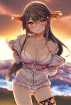  1girl :d alternate_costume backlighting bare_shoulders beach bikini black_hair blush breasts brown_eyes cleavage collarbone cowboy_shot eyebrows_visible_through_hair hair_between_eyes hair_ornament hairband hairclip haruna_(kantai_collection) headgear highres kantai_collection large_breasts long_hair looking_at_viewer open_mouth outdoors partially_unzipped remodel_(kantai_collection) smile solo sunset swimsuit thigh_strap tsukui_kachou undressing white_bikini 