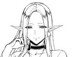  1girl choker closed_mouth earrings elf greyscale half-closed_eyes hand_up jewelry lena_(usagi_nagomu) long_hair looking_at_viewer monochrome original pointy_ears portrait simple_background solo usagi_nagomu white_background 