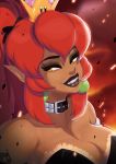 1girl bare_shoulders black_lipstick bowsette breasts cleavage collar collarbone commission crown dark_skin dog_collar earrings embers fang grin hair_between_eyes half-closed_eyes high_ponytail highres jewelry large_breasts lipstick long_hair looking_at_viewer makeup mario_(series) new_super_mario_bros._u_deluxe no_horn pointy_ears red_hair sidelocks signature smile solo strapless super_crown teeth tovio_rogers yellow_eyes 