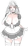  1girl :d absurdres apron blush breasts calmia_(usagi_nagomu) choker contrapposto cowboy_shot elf gloves half-closed_eyes hand_up highres huge_breasts looking_at_viewer maid maid_apron medium_hair monochrome open_mouth original pink_theme pointy_ears puffy_short_sleeves puffy_sleeves short_sleeves simple_background sketch skindentation smile solo standing thighhighs tongue tongue_out usagi_nagomu white_background 
