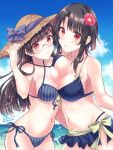  2girls asymmetrical_docking bikini black_hair blush breast_press breasts choukai_(kantai_collection) cleavage cloud commentary_request cowboy_shot day flower glasses hair_flower hair_ornament hat hat_ribbon kabocha_torute kantai_collection large_breasts long_hair looking_at_viewer multiple_girls navel red_eyes ribbon short_hair side-tie_bikini sky smile sparkle straw_hat striped striped_bikini swimsuit symmetrical_docking takao_(kantai_collection) 