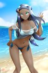  1girl alfred_cullado banned_artist beach bikini blue_bikini blue_eyes blue_hair blue_ribbon blue_sky closed_mouth cloud collarbone covered_nipples dark_skin day earrings floating_hair hand_on_hip highres jewelry long_hair looking_at_viewer multicolored_hair navel ocean off_shoulder outdoors pokemon pokemon_(game) pokemon_swsh ribbon rurina_(pokemon) see-through shiny shiny_hair shiny_skin side-tie_bikini sky smile solo standing swimsuit two-tone_hair very_long_hair watermark 