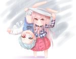  bikuseno bloomers blue_hair blue_vest chibi commentary_request expressionless hannya hata_no_kokoro heterochromia juliet_sleeves long_sleeves no_socks pink_eyes pink_hair plaid plaid_shirt puffy_sleeves rain shirt skirt tatara_kogasa touhou umbrella underwear vest youkai 