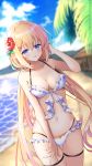  1girl beach bikini blonde_hair blush breasts elf flower frilled_bikini frills hair_flower hair_ornament hairclip highres long_hair low_twintails navel original pointy_ears purple_eyes shi6kurutto solo swimsuit thigh_strap twintails very_long_hair 