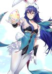 1girl ameno_(a_meno0) animal_ears blue_choker blue_eyes blue_hair blush breasts bunny_ears bunny_girl bunny_tail bunnysuit choker cleavage closed_mouth collarbone dress egg eyebrows_visible_through_hair fake_animal_ears fake_tail fire_emblem fire_emblem_awakening fire_emblem_heroes floating_hair flower food frilled_dress frilled_sleeves frills gloves hair_between_eyes hair_flower hair_ornament holding holding_egg holding_food leotard lips long_hair lucina_(fire_emblem) pantyhose small_breasts smile solo tail white_gloves white_legwear 