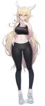  1girl bangs black_legwear black_shirt blonde_hair blush braid breasts character_request commentary copyright_request crossed_bangs dot_nose eyebrows_visible_through_hair flipped_hair full_body hair_over_face hair_over_shoulder hand_on_hip hand_up heel_up highres holding holding_phone horns large_breasts leggings long_bangs long_braid long_hair midriff navel oh_(aung_ae) phone pink_nails pointy_ears purple_eyes raised_eyebrows shiny shiny_hair shiny_legwear shirt shoelaces shoes sidelocks simple_background single_braid sleeveless smile sneakers sports_bra standing taut_clothes taut_shirt thighs toned very_long_hair wavy_hair white_background white_footwear 