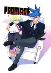  2boys bhh4321 blue_eyes blue_hair bouquet character_name copyright_name flower formal full_body galo_thymos green_hair highres lio_fotia looking_at_viewer male_focus multiple_boys necktie promare purple_eyes shared_chair sitting spiked_hair suit 