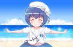  1girl ^_^ bangs beret blue_ribbon blue_skirt blue_sky blush bow closed_eyes cloud collarbone day eyebrows_visible_through_hair facing_viewer gochuumon_wa_usagi_desu_ka? goth_risuto grin hat hat_bow highres horizon jouga_maya neck_ribbon ocean outdoors outstretched_arms pleated_skirt puffy_short_sleeves puffy_sleeves ribbon sailor_collar school_uniform serafuku shirt short_sleeves skirt sky smile solo spread_arms striped striped_bow v-shaped_eyebrows water white_headwear white_sailor_collar white_shirt 