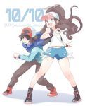  1boy 1girl artist_name baseball_cap black_footwear black_legwear black_vest blue_eyes blue_jacket blue_shorts boots brown_hair brown_pants commentary_request dated hat holding holding_poke_ball jacket kokoroko legs_apart open_mouth pants poke_ball poke_ball_(basic) poke_ball_print pokemon pokemon_(game) pokemon_bw red_footwear shirt shoes shorts socks standing tongue touko_(pokemon) touya_(pokemon) two-tone_headwear v-shaped_eyebrows vest white_shirt 