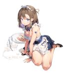  1girl anmi apron arm_support bangs bare_arms bare_legs bare_shoulders blush breasts brown_hair cleavage collarbone detached_collar dress eyebrows_visible_through_hair food frilled_apron frills hair_rings highres looking_at_viewer maid maid_apron maid_dress maid_headdress open_mouth original pizza purple_eyes short_hair sitting skirt solo thighs tray waist_apron white_apron yokozuwari 