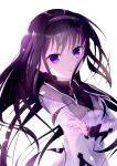  1girl absurdres akemi_homura black_hair eyebrows_visible_through_hair highres long_hair looking_at_viewer magia_record:_mahou_shoujo_madoka_magica_gaiden magical_girl mahou_shoujo_madoka_magica meen_(ouaughikepdvrsf) purple_eyes solo white_background 