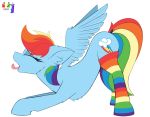  2020 absurd_res alpha_channel blue_body blue_fur chest_tuft clothing cutie_mark equid equine eyes_closed feathered_wings feathers female feral friendship_is_magic fur hasbro hi_res inner_ear_fluff legwear mammal mane multicolored_clothing multicolored_legwear multicolored_mane multicolored_socks multicolored_tail my_little_pony open_mouth pedalspony_(artist) pegasus rainbow_clothing rainbow_dash_(mlp) rainbow_legwear rainbow_mane rainbow_socks rainbow_tail socks solo stretching thigh_highs tongue tongue_out tuft wings 