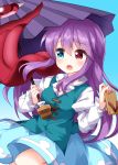  1girl :o aqua_vest bangs blue_background blue_eyes blue_skirt blush cosplay eyebrows_visible_through_hair footwear_removed geta gradient gradient_background hair_between_eyes heterochromia highres juliet_sleeves karakasa_obake long_hair long_sleeves looking_away puffy_sleeves purple_hair red_eyes reisen_udongein_inaba ruu_(tksymkw) shirt simple_background skirt solo tatara_kogasa tatara_kogasa_(cosplay) tongue touhou umbrella very_long_hair white_shirt 