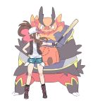  1girl aqua_shorts baseball_bat baseball_cap black_legwear blush boots brown_vest closed_mouth commentary_request emboar gen_5_pokemon hand_on_hip hat holding holding_baseball_bat knees kokoroko long_hair looking_to_the_side poke_ball_print pokemon pokemon_(creature) pokemon_(game) pokemon_bw shirt shorts sidelocks simple_background smile socks standing touko_(pokemon) vest white_background white_shirt wristband 