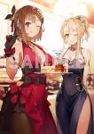  2girls alcohol armlet arms_behind_back artist_request atelier_(series) atelier_ryza atelier_ryza_2 bangs bare_shoulders black_gloves black_legwear blonde_hair blue_dress blush bow braid breasts brown_eyes brown_hair cake chandelier choker cleavage closed_mouth cocktail_glass covered_navel cup dessert dress drinking_glass earrings evening_gown food gloves green_eyes hair_bun hair_ornament halterneck highres holding holding_cup holding_tray index_finger_raised indoors jewelry klaudia_valentz large_breasts licking_lips looking_at_viewer multiple_girls necklace official_art one_eye_closed pantyhose red_bow red_dress reisalin_stout sample short_hair side_slit sidelocks single_braid smile standing swept_bangs table thighs tongue tongue_out tray 