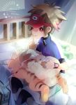  1boy artist_name bag blue_jacket brown_hair commentary_request dated eevee finger_to_mouth gen_1_pokemon growlithe indoors jacket kokoroko kyouhei_(pokemon) light_beam looking_at_viewer on_bed on_lap open_mouth pokemon pokemon_(creature) pokemon_(game) pokemon_bw2 pokemon_on_lap red_eyes red_headwear short_sleeves sitting smile tongue visor_cap 