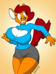  anthro big_breasts bottomwear breasts cleavage_cutout clothing female hi_res huge_breasts keyhole_turtleneck mammal mustela mustelid musteline skirt solo sweater tabykat topwear 