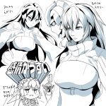  1girl black_hair bodysuit breasts gundam gundam_build_divers gundam_build_divers_re:rise hair_between_eyes highres kamizono_(spookyhouse) lineart looking_down may_(gundam_build_divers_re:rise) mecha medium_breasts monochrome multiple_views shrug_(clothing) v-shaped_eyebrows wodom_pod 