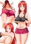  1girl abs ass bare_shoulders black_tank_top blush braid breasts closed_mouth collarbone eyebrows_visible_through_hair from_below green_eyes highres hong_meiling large_breasts lifted_by_self long_hair looking_at_viewer multiple_views navel no_bra one_eye_closed panties purple_shorts red_hair shiny shiny_hair shiraue_yuu shorts simple_background standing sweat tank_top tank_top_lift touhou underboob underwear white_background white_panties 