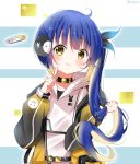  1girl :3 bangs black_choker black_jacket black_ribbon blonde_hair blue_hair blush brown_eyes choker closed_mouth commentary_request deyui eyebrows_visible_through_hair gochuumon_wa_usagi_desu_ka? gradient gradient_background hair_ribbon hands_up highres holding holding_hair hood hood_down hoodie jacket jouga_maya long_hair long_sleeves looking_at_viewer open_clothes open_jacket puffy_long_sleeves puffy_sleeves ribbon side_ponytail solo twitter_username upper_body very_long_hair white_hoodie 