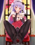  aiguillette ajax_(azur_lane) azur_lane beret black_bow black_legwear bow breasts capelet chair detached_sleeves eyebrows_visible_through_hair feet hand_on_own_face hat heart high-waist_skirt highres looking_at_viewer medium_breasts naughty_face no_shoes panties panties_under_pantyhose pantyhose purple_eyes purple_hair red_skirt sitting skirt smile soles sugihanako toes two_side_up underwear white_headwear 