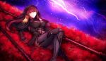  1girl absurdres armor bodysuit breasts capelet covered_navel fate/grand_order fate_(series) flower gae_bolg hair_intakes highres huge_filesize large_breasts long_hair lying on_back pauldrons polearm purple_bodysuit purple_hair red_eyes red_flower rlf_00 scathach_(fate)_(all) scathach_(fate/grand_order) shoulder_armor solo spear veil weapon 