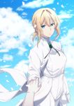  1girl blonde_hair blue_eyes blue_sky brooch cloud flower gloves gogatsu_fukuin hair_flower hair_ornament highres holding_hands jacket jewelry long_sleeves looking_at_viewer pants pov pov_hands sky smile solo_focus violet_evergarden violet_evergarden_(character) white_gloves white_jacket white_pants 