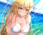  +_+ 1girl arms_under_breasts bangs bare_shoulders bikini blonde_hair blue_sky blush breasts cleavage closed_mouth cloud collarbone commentary_request crossed_arms day eyebrows_visible_through_hair hair_between_eyes highres large_breasts lens_flare light_rays long_hair looking_at_viewer midriff nose_(oekaki1825) o-ring o-ring_bikini ocean outdoors shokuhou_misaki sidelocks sky solo standing sunbeam sunlight swimsuit symbol-shaped_pupils to_aru_kagaku_no_railgun to_aru_majutsu_no_index upper_body white_bikini yellow_eyes 