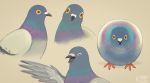  2020 ambiguous_gender avian beak bird columbid eyes_closed feathers feral grey_body grey_feathers hi_res ka92 multiple_images orange_eyes pigeon purple_body purple_feathers rock_dove simple_background solo standing tan_background wings 