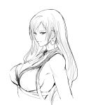  1girl absurdres bangs bare_shoulders breasts cleavage closed_mouth dress earrings evening_gown final_fantasy final_fantasy_vii final_fantasy_vii_remake greyscale highres inoitoh jewelry long_hair looking_to_the_side monochrome neck_ribbon ribbon sideboob sketch swept_bangs tifa_lockhart white_background 