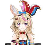  1girl absurdres animal_ears bare_shoulders black_choker blonde_hair blue_bow blush bow bowtie braid breasts choker cleavage closed_mouth club_(shape) diamond_(shape) facial_mark hair_bow hair_ornament hair_over_shoulder hat heart highres hololive jester_cap kou_mashiro long_hair looking_at_viewer makeup multicolored_hair official_art omaru_polka purple_eyes red_neckwear smile solo spade_(shape) star_(symbol) star_in_eye streaked_hair symbol_in_eye transparent_background upper_body virtual_youtuber x_hair_ornament 