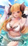  :d absurdres ahoge anila_(granblue_fantasy) arms_behind_head bikini blonde_hair bow bow_bikini breasts brown_eyes cleavage cloud collarbone detached_sleeves eyebrows_visible_through_hair granblue_fantasy highres horns in_water large_breasts long_hair looking_at_viewer midriff moneko1107 mountain navel one_eye_closed open_mouth red_ribbon ribbon sheep_horns shiny shiny_skin short_eyebrows sitting sky smile stomach sunlight swimsuit thick_eyebrows thighlet thighs water wet white_bikini 