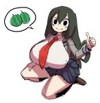  amphibian amphibian_humanoid animal_humanoid asui_tsuyu big_breasts black_hair borvar bottomwear breasts clothing eyelashes female food frog frog_humanoid fruit gesture hair hand_on_leg hand_on_thigh hi_res huge_breasts humanoid looking_at_viewer melon my_hero_academia necktie plant school_uniform simple_background skirt smile solo speech_bubble thumbs_up tight_clothing uniform watermelon 