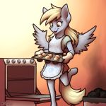  1:1 anthro baking baking_tray blonde_hair clothing derp_eyes derpy_hooves_(mlp) dress equid equine feathered_wings feathers female food friendship_is_magic grey_body hair hasbro hi_res horse mammal muffin my_little_pony ohemo open_mouth oven pan pegasus pony smile solo trash_can wings 
