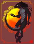  absurd_res anthro areye_(artist) belly_scales black_body digitigrade genitals glowing glowing_eyes hi_res horn male multi_genitalia pattern_background reptile scales scalie simple_background solo 