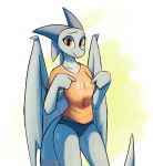  2020 anthro blue_body breasts clothed clothing dragon enginetrap english_text female gesture hi_res horn looking_at_viewer membrane_(anatomy) membranous_wings panties pointing pointing_at_self portrait scalie shirt signature simple_background smile solo standing syl_(enginetrap) t-shirt text three-quarter_portrait topwear underwear western_dragon white_background wings yellow_background 