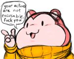  4_fingers 5:4 angry anthro clothing cricetid english_text filthyopossum fingers fur hamster hi_res male mammal peepoodo pink_body pink_fur profanity reaction_image rodent simple_background sketchy smile solo speech_bubble super_fuck_friends sweater text topwear turtleneck white_background 