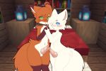  3:2 anthro arctic_fox balls bed blush bodily_fluids canid canine duo erection fox fox_(minecraft) furniture genital_fluids genitals hi_res luxx male male/male mammal minecraft penis precum red_fox video_games 