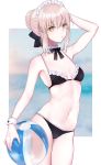  1girl artoria_pendragon_(all) artoria_pendragon_(swimsuit_rider_alter) ball bare_shoulders beachball black_bow black_swimsuit blonde_hair bow breasts eyebrows_visible_through_hair fate/grand_order fate_(series) hair_bow highres medium_breasts meltymaple navel saber_alter short_hair sidelocks solo swimsuit wrist_cuffs yellow_eyes 