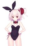  1girl animal_ears ass_visible_through_thighs bare_shoulders black_leotard black_ribbon breasts bunny_ears bunny_girl bunnysuit embarrassed eve_(soccer_spirits) flower hair_flower hair_ornament hands_on_hips highres leotard looking_at_viewer official_art pink_hair red_eyes red_flower red_rose resized ribbon rose shirahane_nao short_hair side-tie_leotard small_breasts soccer_spirits upscaled 